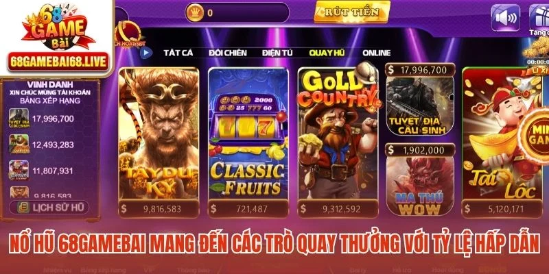 Nổ hũ 68gamebai mang đến các trò quay thưởng với tỷ lệ trả thưởng hấp dẫn